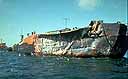 Heavily damaged ship