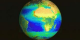 Six globes showing data (biosphere, aerosols, radiant energy, air pollution, temperature, and water vapor) pull away from a single globe, to illustrate the measurements taken by the instruments on Terra