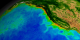 This animation begins with a wide shot of the United States and zooms down to the Western seaboard of the United States while cycling through nearly ten years of SeaWiFS biosphere data.