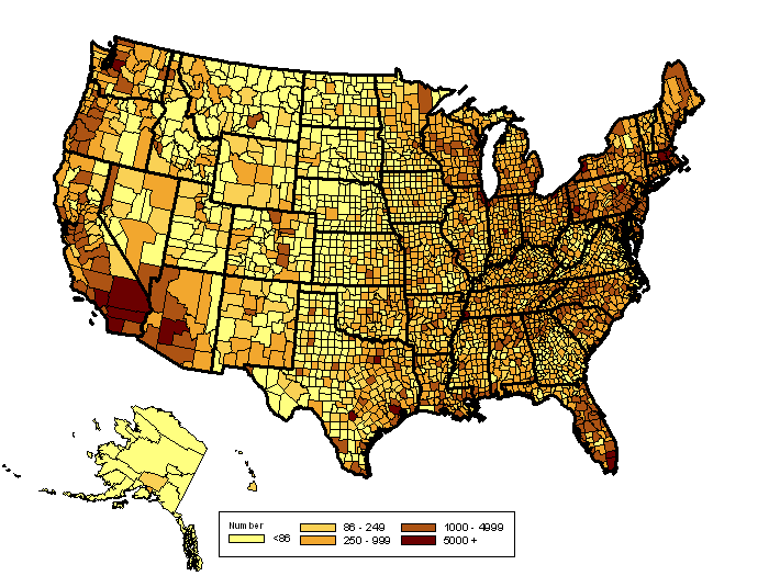 U.S. map indicating estimated counts of L.I.S. potential eligible individuals by county, according to the following groups - Less than 86. 86 to 249. 250 to 999. 1,000 to 4,999. or 5,000 or more. Actual information by county is available in the file named  Low Income Subsidy 2008 Targeting Estimates (6 files - XLS, CSV, TXT, PDF) [ZIP, 1.3MB]. (See downloads at the bottom of page.)