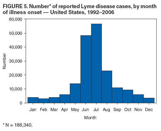 FIGURE 5. Number* of reported Lyme disease cases, by month of illness onset — United States, 1992–2006