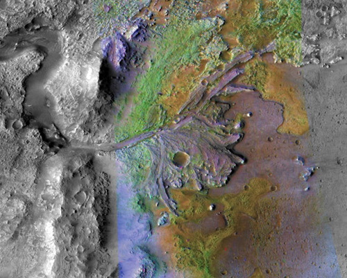 This black-and-white image of the Martian surface viewed from orbit shows a meandering stream channel entering a crater from the left. On the crater floor, the erosional remnants of the multiple channels of a river delta are clearly visible. Color overlays highlight different mineral deposits. Large swaths of bright green indicate clay deposits that spread out from the main channel onto the crater floor.