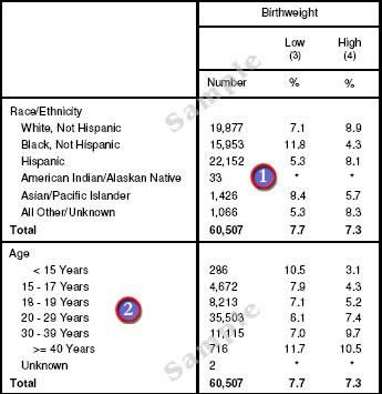 table showing birthweight indicators by race/ethnicity or age