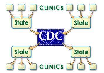 Chart showing clinics feeding data to states; states feeding data to CDC; CDC feeding data to states; states feeding data to clinics.