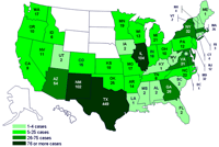 Incidencia de casos de infección por el brote de la cepa de Salmonella saintpaul, Estados Unidos, por estado, hasta las 9 pm EST del 14 de julio de 2008