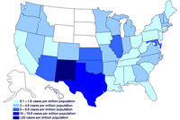 Incidencia de casos de infección por el brote de la cepa de Salmonella saintpaul, Estados Unidos, por estado, hasta las 9 pm EST del 10 de julio de 2008