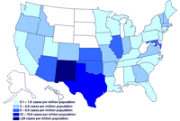 Incidencia de casos de infección por el brote de la cepa de Salmonella saintpaul, Estados Unidos, por estado, hasta las 9 pm EST del 2 de julio de 2008