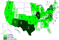 Personas infectadas por el brote de la cepa de Salmonella saintpaul, Estados Unidos, por estado, hasta las 9 pm EST del 8 de julio de 2008