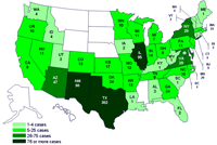 Personas infectadas por el brote de la cepa de Salmonella saintpaul, Estados Unidos, por estado, hasta las 9 pm EST del 7 julio de 2008