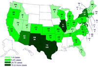 Personas infectadas por el brote de la cepa de Salmonella saintpaul, Estados Unidos, por estado, hasta las 9pm EST del 29 de junio de 2008