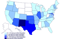 Incidencia de casos de infección por el brote de la cepa de Salmonella saintpaul, Estados Unidos, por estado, hasta las 9 pm EST del 3 de julio de 2008