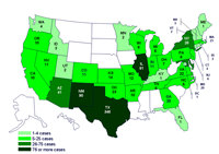 Personas infectadas por el brote de la cepa de Salmonella saintpaul, Estados Unidos, por estado, hasta las 9pm EST del 30 de junio de 2008