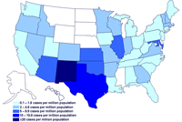Incidencia de casos de infección por el brote de la cepa de Salmonella saintpaul, Estados Unidos, por estado, hasta las 9 pm EST del 8 de julio de 2008