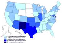 Personas infectadas por el brote de la cepa de Salmonella saintpaul, Estados Unidos, por estado, hasta las 9 pm EST del 15 de julio de 2008