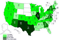 Personas infectadas por el brote de la cepa de Salmonella saintpaul, Estados Unidos, por estado, hasta las 9 pm EST del 15 de julio de 2008