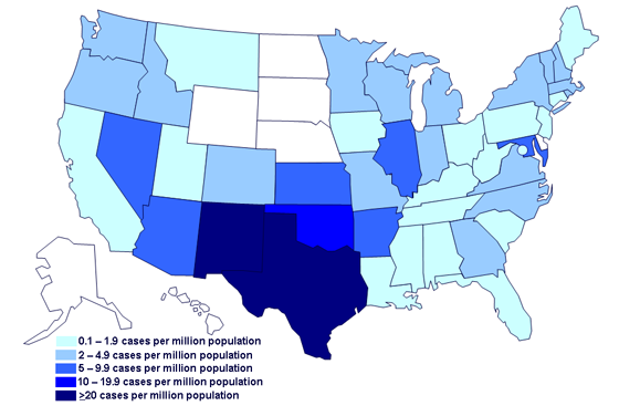 Incidence of cases of infection with the outbreak strain of Salmonella Saintpaul, United States, by state, as of August 7, 2008 9PM EDT
