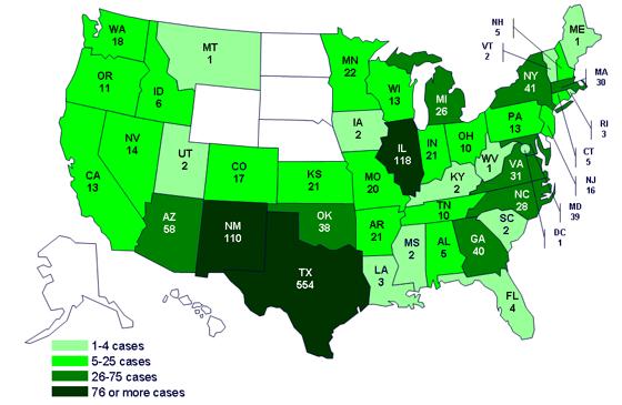 Cases infected with the outbreak strain of Salmonella Saintpaul, United States, by state, as of August 11, 2008 9pm EDT