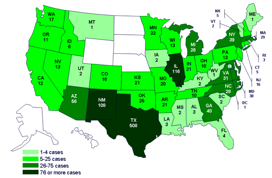Cases infected with the outbreak strain of Salmonella Saintpaul, United States, by state, as of August 3, 2008 9pm EDT