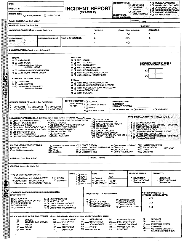 This is an example of the National Incident Based Reporting System (NIBRS) standard form developed by the FBI.  It provides the same information as the SHR form and much more specific information about assaults, sex offenses and homicides.  It describes whole incidents rather than single victims. This form can capture multiple circumstances and multiple victim-suspect relationships. 