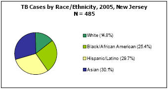 TB Cases by Race/Ethnicity, 2005, New Jersey  N = 485 White - 14.8%, Black/African American - 25.4%, Hispanic/Latino - 29.7%, Asian - 30.1%