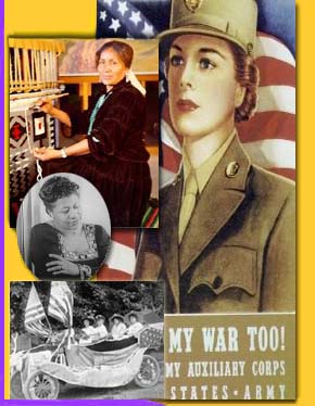 [photo collage] Images clockwise from bottom left: Women parading in the West, Ella Fitzgerald, Navajo Nation woman, WAAC recruiting poster
