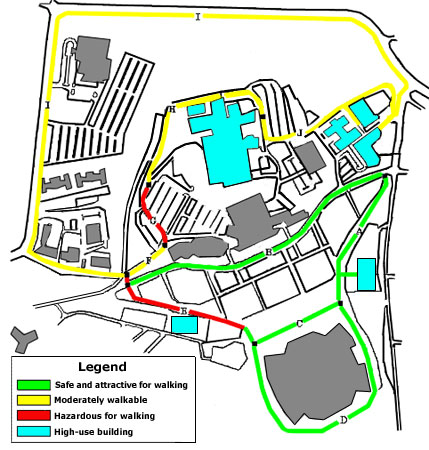 This graphic shows a completed walkability map. The map has likely walking routes noted, and is color-coded to show areas of high-, medium- and low-walkability.