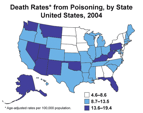 Death Rates* from Poisoning, by State, United States, 2004