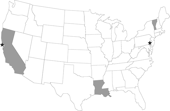 Shaded states: California, Louisiana, and Vermont.
State capitals illustrated: Sacramento, CA and Philadelphia, PA.