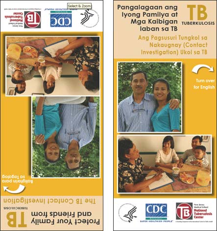 Front cover image of the pamphlet Protect your Family & Friends from TB - The TB contact Investigation in Spanish & Talgalog.