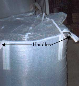 Figure 3. Open, filled bean tote, handles noted.