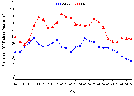 Graph showing Age-Adjusted Hospital Discharge Rates for Nontraumatic Lower Extremity Amputation per 1,000 Diabetic Population, by Race, United States, 1980-2005. Links for data figures, sources, methodology and data limitations, and detailed tables follow this figure.