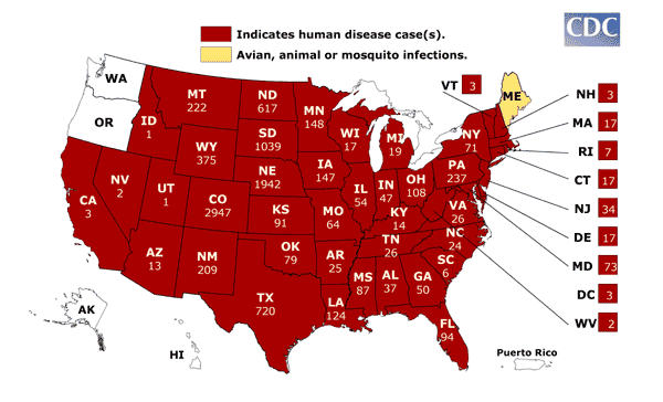 Map of West Nile Virus activity