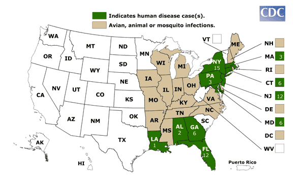 Map of West Nile Virus activity 2001