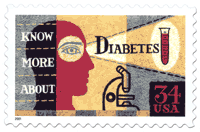 Diabetes Stamp.  Text on stamp says: Know More About Diabetes 34 cents USA