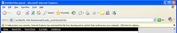 screenshot of Internet Explorer with active content blocked alert highlighted