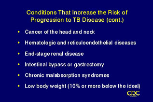Slide 10: Conditions That Increase the Risk of Progression to TB Disease (cont.)  Click for larger version.