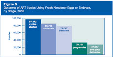 Figure 5: Outcome of ART Cycles Using Fresh Nondonor Eggs or Embryos, by Stage, 2005.