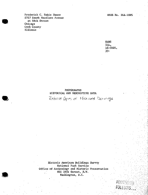 Data page 1 of 20, Frederick C. Robie House, 5757 Woodlawn Avenue, Ch