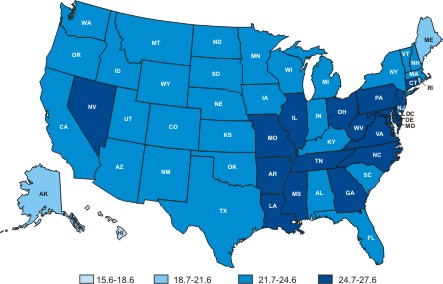 Mapa de Estados Unidos que muestra las tasas de mortalidad del cáncer de mama en mujeres, por estado, en el 2004.