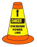  Cone with "Danger Overhead Power Line" label on it