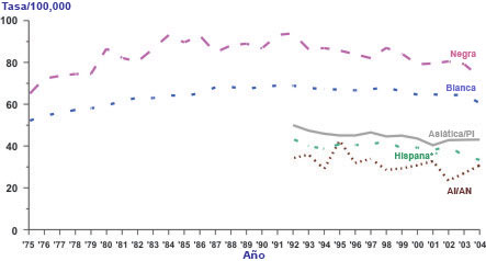 Gráfica de líneas con las variaciones en las tasas de incidencia de cáncer de pulmón en distintas razas y grupos étnicos, de 1975 al 2004.