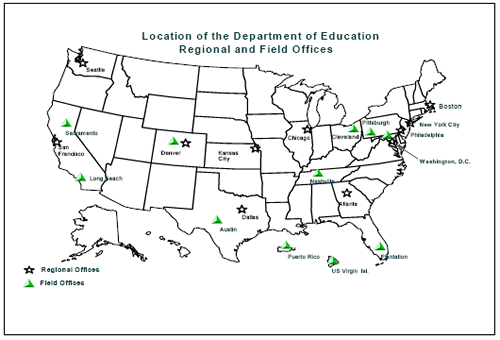 This map of the U.S. shows that the regional offices of the Department are located in Boston, New York City, Philadelphia, Atlanta, Chicago, Kansas City, Dallas, Denver, San Francisco, and Seattle, and that field offices are located in Pittsburgh, Washington, D.C., Cleveland, Nashville, Plantation,FL, the U.S. Virgin Islands, Puerto Rico, Austin, Denver, Sacramento, and Long Beach.