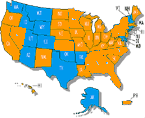 Small map of the United States with shading over Arizona, Indiana, Kentucky, Nebraska, Ohio, Texas and West Virginia