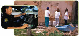 Photos of a police officer using his car console and community residents cleaning up graffiti.