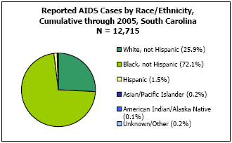 Reported AIDS Cases by Race/Ethnicity, Cumulative through 2005, South Carolina N = 12,715 White, not Hispanic - 25.9%, Black, not Hispanic - 72.1%, Hispanic - 1.5%, Asian/Pacific Islander - 0.2%, American Indian/Alaska Native - 0.1%, Unkown/Other - 0.2%