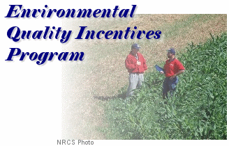 Photo of two men standing in a crop field. Text: Environmental Quality Incentives Program