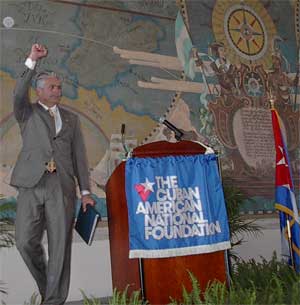 A picture of Senator Ensign speaking to the Cuban American National Foundation.