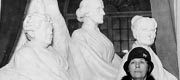In 1921, a portrait monument to suffragists Susan B. Anthony, Elizabeth Cady Stanton, and Lucretia Mott was unveiled in the U.S. Capitol.  This 1929 image features members of the National Council of the Woman’s Party honoring Susan B. Anthony’s birthday.  