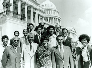 In 1977, 15 of the Congressional Black Caucus members posed on the steps of the U.S. Capitol, from left to right: (front row) <a href="/member-profiles/profile.html?intID=67">Barbara Jordan</a> of Texas, <a href="/member-profiles/profile.html?intID=32">Robert Nix, Sr.</a>, of Pennsylvania, <a href="/member-profiles/profile.html?intID=62">Ralph Metcalfe</a> of Illinois, <a href="/member-profiles/profile.html?intID=40">Cardiss Collins</a> of Illinois, <a href="/member-profiles/profile.html?intID=60">Parren Mitchell</a> of Maryland, <a href="/member-profiles/profile.html?intID=30">Gus Hawkins</a> of California, <a href="/member-profiles/profile.html?intID=24">Shirley Chisholm</a> of New York; (middle row) <a href="/member-profiles/profile.html?intID=89">John Conyers, Jr.</a>, of Michigan, <a href="/member-profiles/profile.html?intID=110">Charles Rangel</a> of New York, <a href="/member-profiles/profile.html?intID=74">Harold Ford, Sr.</a>, of Tennessee, <a href="/member-profiles/profile.html?intID=123">Yvonne Brathwaite Burke</a> of California, <a href="/member-profiles/profile.html?intID=78">Walter Fauntroy</a> of the District of Columbia; (back row) <a href="/member-profiles/profile.html?intID=38">Ronald Dellums</a> of California, <a href="/member-profiles/profile.html?intID=34">Louis Stokes</a> of Ohio, and <a href="/member-profiles/profile.html?intID=29">Charles C. Diggs, Jr.</a>, of Michigan.