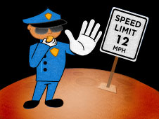 Cartoon character of a policeman holding his hand up in front of a speed limit sign